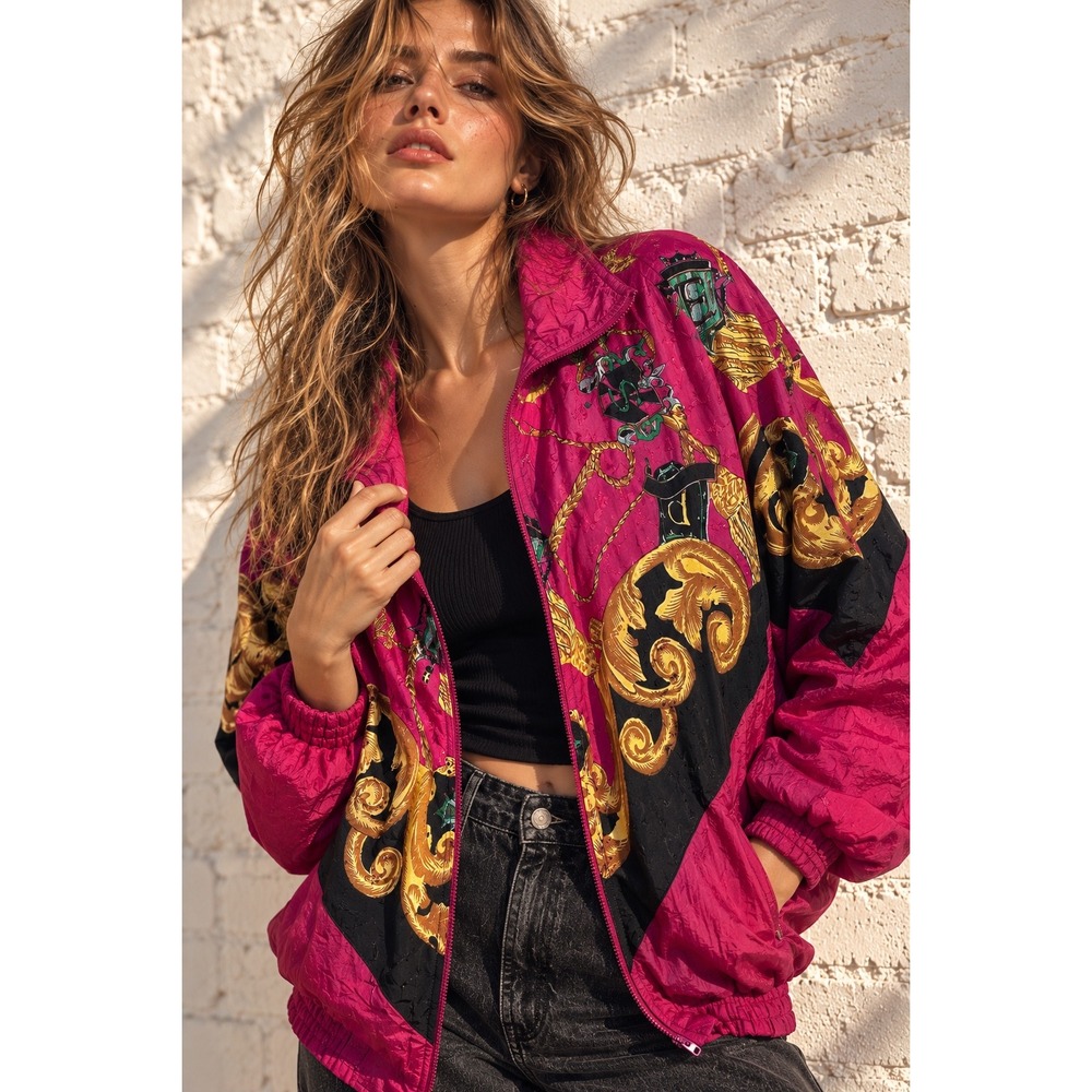 Vintage Pink Nylon Windbreaker Baroque Gold Chain Bomber Jacket Mob wife  L